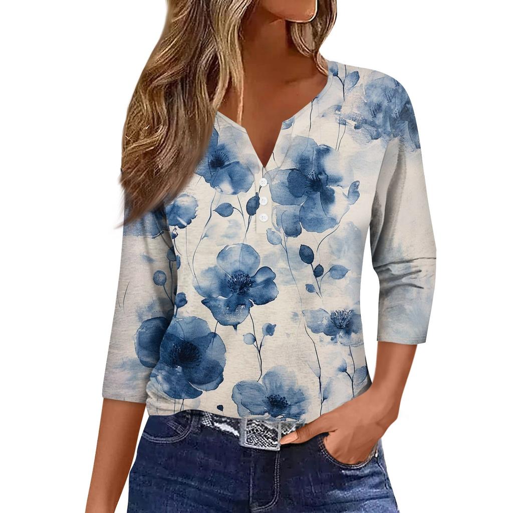 Женская модная повседневная футболка с коротким рукавом и V-образным вырезом, декоративными пуговицами и рукавом три четверти