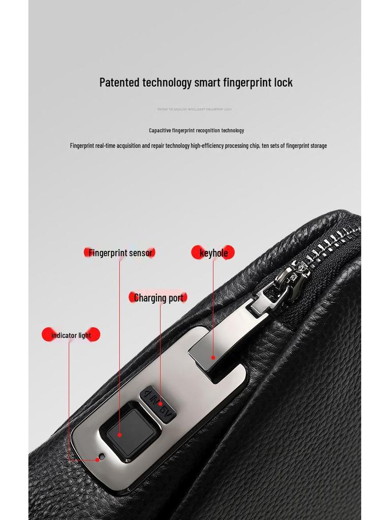 Men's Genuine Leather Clutch with Waterproof, Anti-Theft, Smart Fingerprint Lock