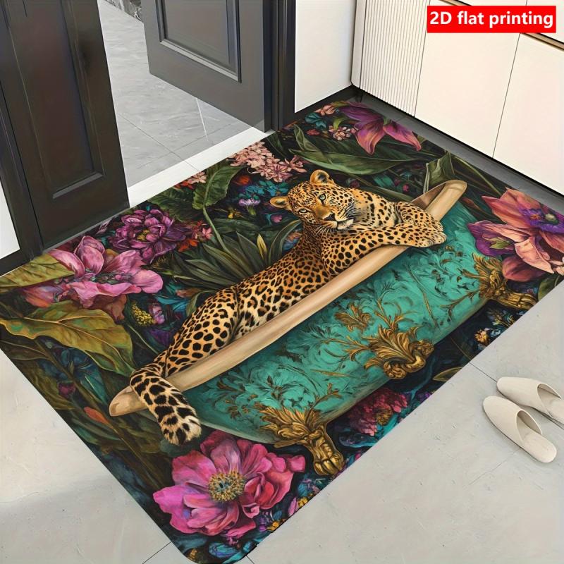 Antique Floral Leopard Bath Doormat Non Slip Washable Low Pile Bathroom Floor Rug Shower Entryway Home Decor