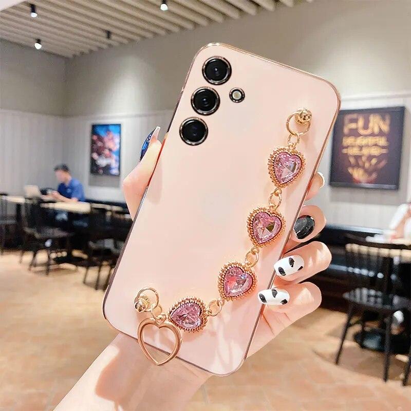 Чехол с браслетом Diamond Love для Samsung S24Ultra S23 S22 A34, мягкий противоударный чехол с цепочкой на запястье для Galaxy A14 A15 A54 A05s A03 A04s A04e M54 M14, чехол