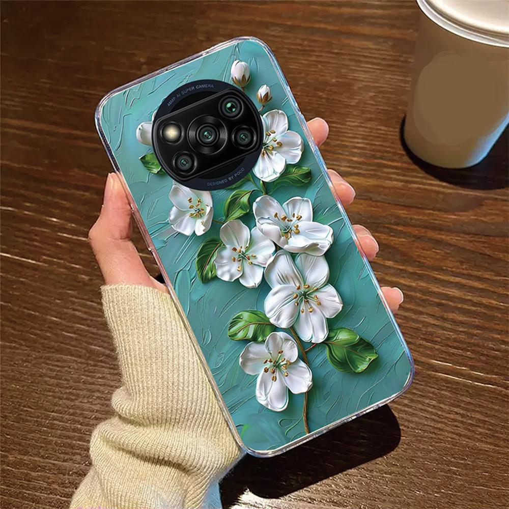 Rose Flower Daisy Oil Painting Phone Case For Xiaomi Poco X3 NFC X3Pro Cover Protection Clear Couple Transparent PocoX3 6.67"