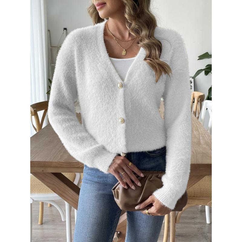 Women's Autumn and Winter Pearl Button Casual Solid Color Cardigan Sweater
