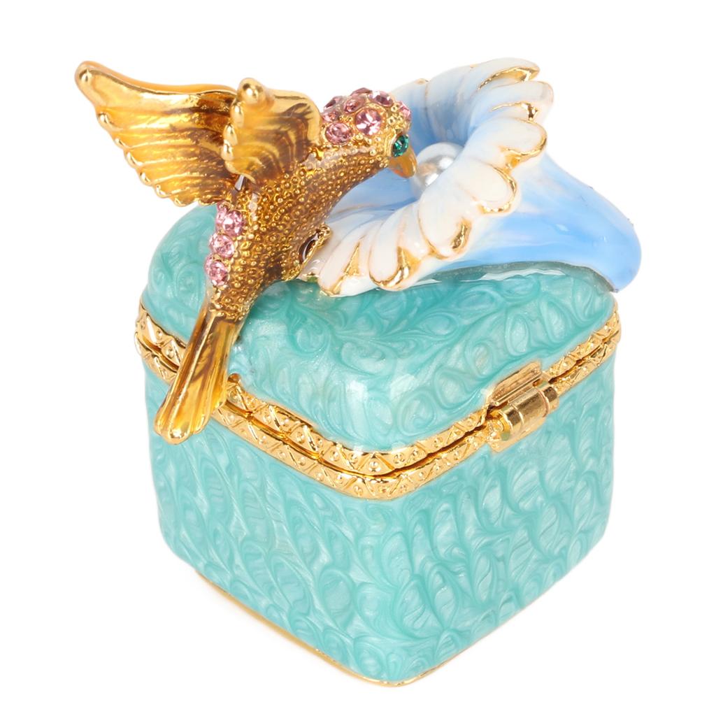 Bird Figurine Jewelry Box Hand Painted Decorative Metal Mini Hinged Jewelry Holder for Rings Earrings Necklaces Blue