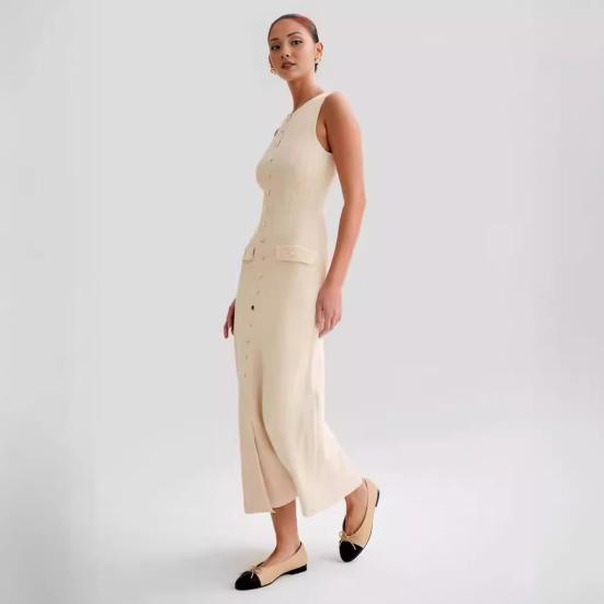 Летнее женское платье трикотажное платье-футляр Slim Fit сплошной цвет с круглым вырезом эластичное однобортное платье без рукавов на пуговицах длиной до середины икры