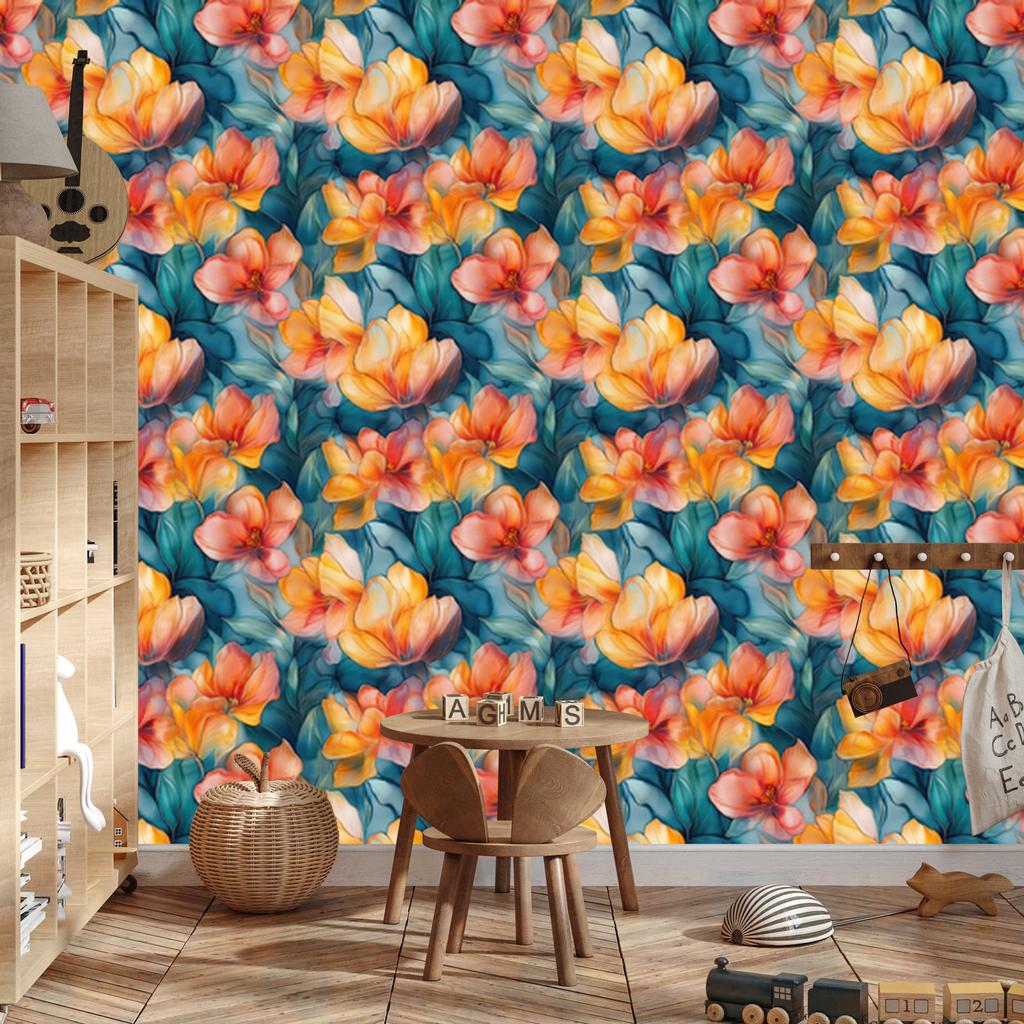 Ink Turquoise and Peach Wallpaper for Living Room and Bedroom 50x1000