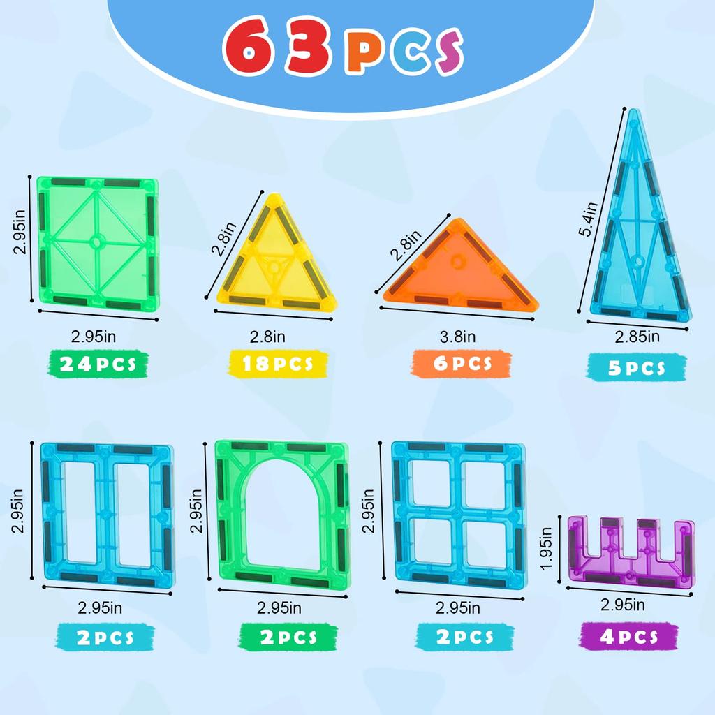 Gemmicc 63-Piece Magnetic Tiles and Building Blocks for Kids, STEM-Approved Educational Toy, Magnetic Puzzle, Building Blocks for Boys and Girls