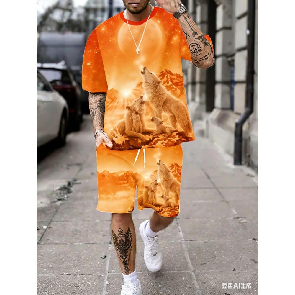 Мужской комплект: футболка с коротким рукавом и шорты с принтом «Звездное небо и стая волков»