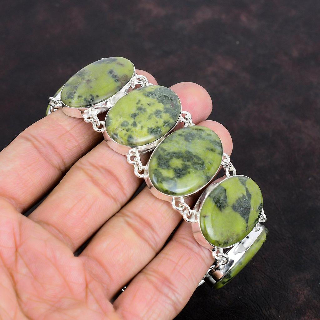 Браслет из серпантина, браслет из натурального драгоценного камня, ручная работа, старинные ювелирные изделия, браслет из стерлингового серебра 925 пробы, регулируемый браслет-цепочка, подарки для жены