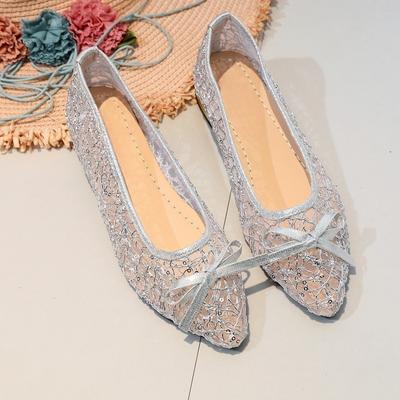 Модные туфли-лодочки с низким верхом, женская мода, остроносые, с мелким вырезом, с бантом-бабочкой, с пайетками, сетчатые, на мягкой подошве, нескользящие, на низком каблуке