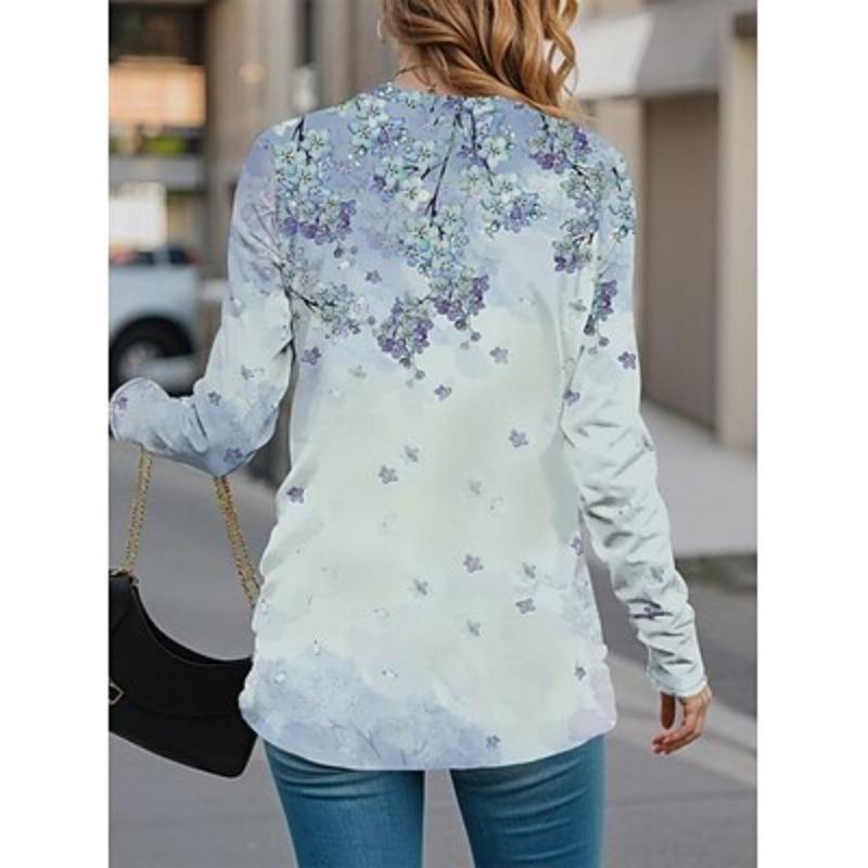 Women's T Shirt Tee Print Daily Casual Long Sleeve Crew Neck Navy Blue Spring Fall