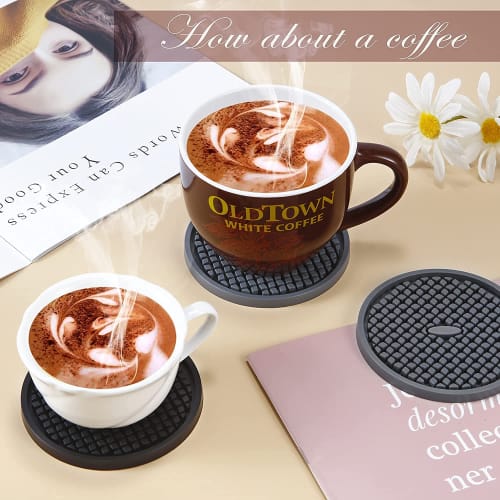 Set of 6 Silicone Coasters (with Holders) - Non-Slip, Absorbent, Insulating Cup Mats, Easy-to-Wash Tea Trays, Stylish (Round, Black)