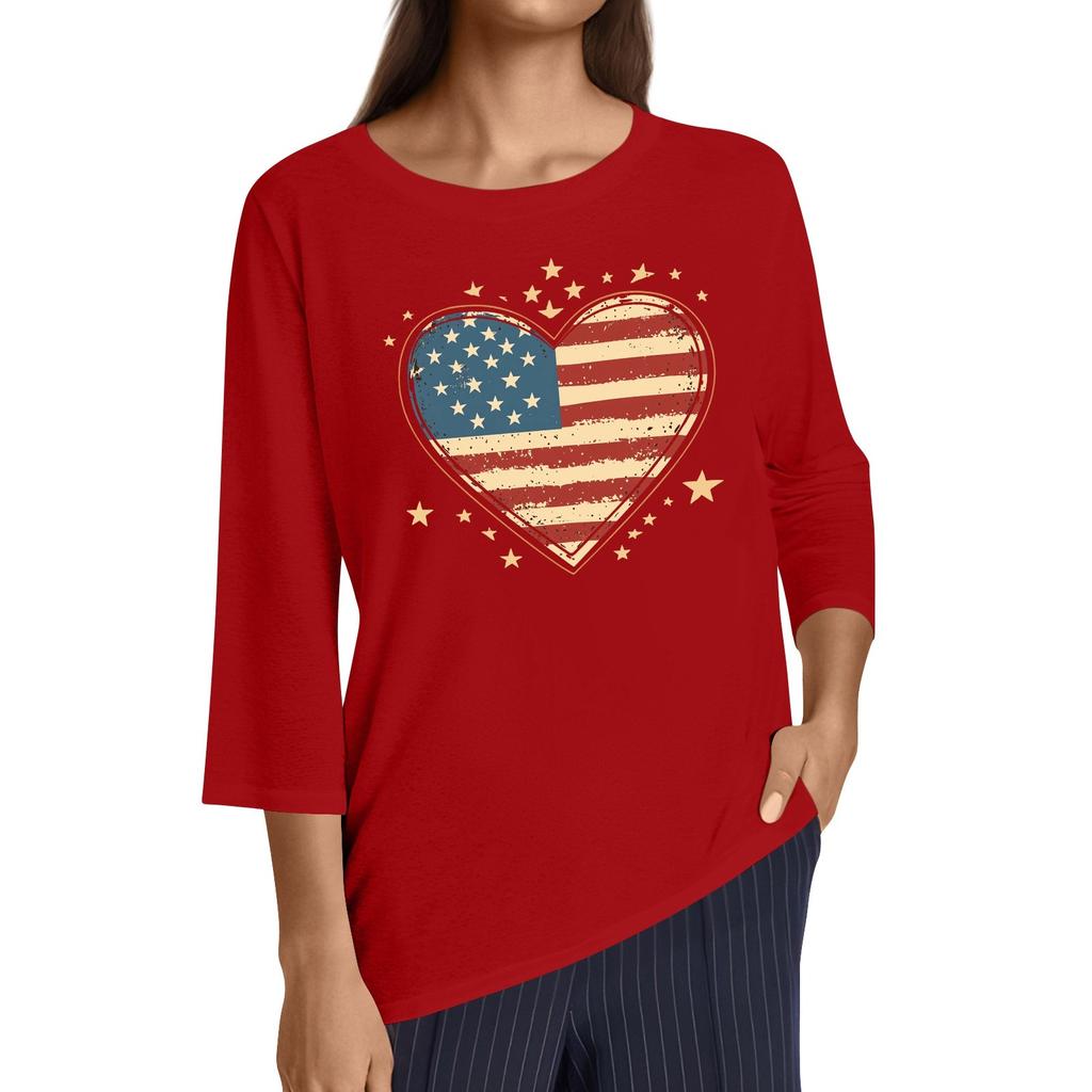 Women's Fashion Casual Round Neck 3/4 Sleeve Loose Independence Day Printed T-Shirt Ladies Top