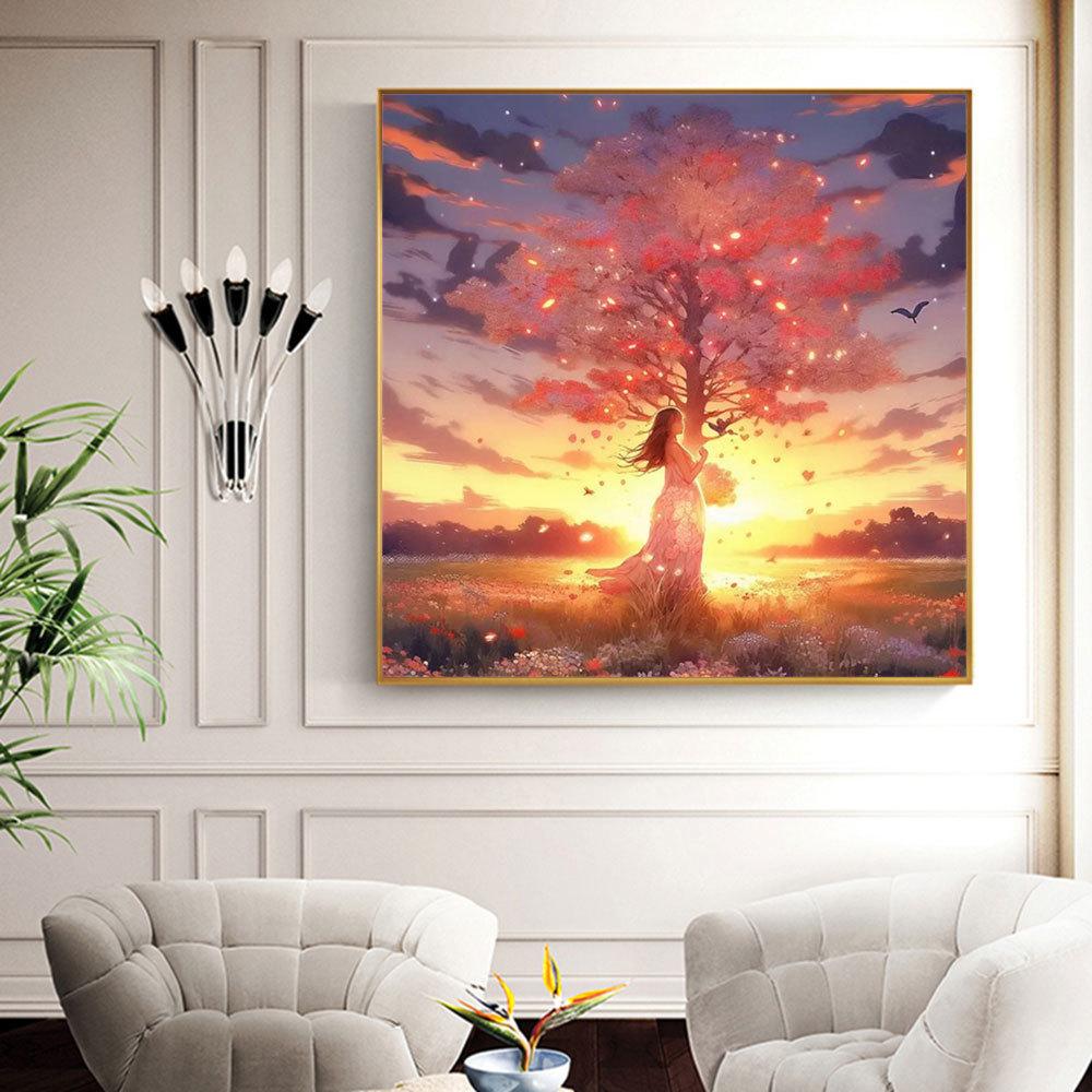 5D Diy Алмазная картина Дерево Девушка Вышивка Мозаика Закат Пейзаж Полный Квадрат Круглый Домашний Декор