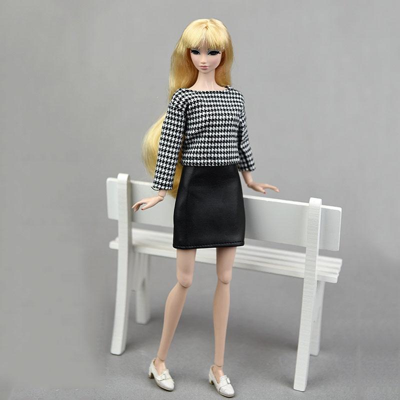 Daily Clothes Set For Barbie Dolls Accessories Doll Outfits Houndstooth Plaided Tops & Black Skirt For Barbie Dollhouse DIY Toy