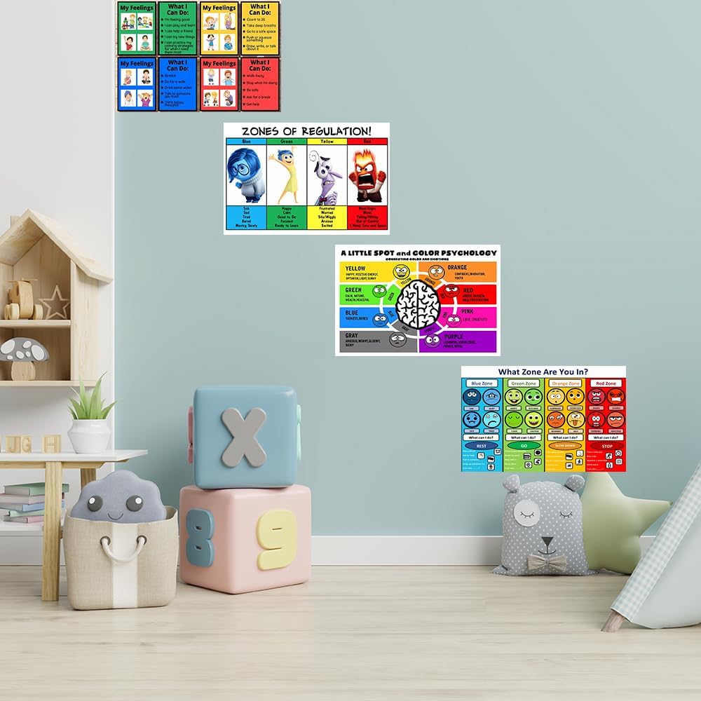 Zones of Regulation Poster, Feelings Posters, Feelings Chart For Kids, Emotions Poster, Autism Sensory Products, Set of 4 (12×18inch)