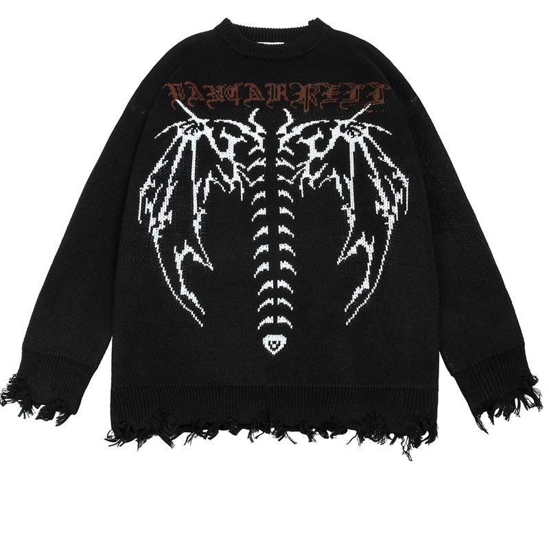 Готический женский рваный свитер с длинными рукавами в стиле хип-хоп, уличная одежда с принтом, панк, японский стиль, зимний женский вязаный свитер большого размера с круглым вырезом в стиле гранж