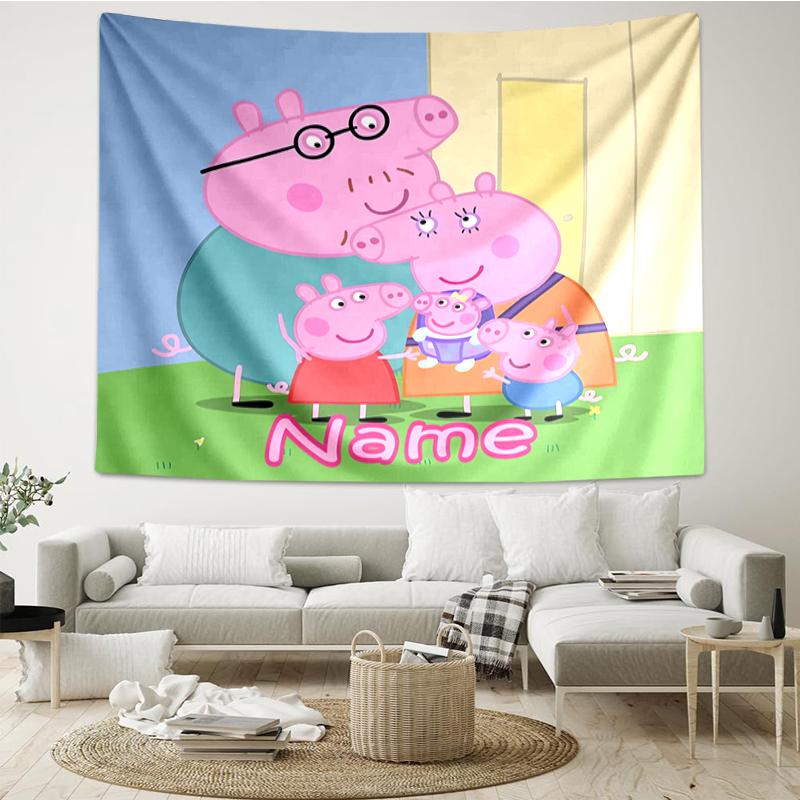 Custom Name Peppa Pig Print Tapestry, Backdrop, Easy Setup, Ideal for Bedroom, Office & Living Room, with Aesthetic Wall Hanging Decor.