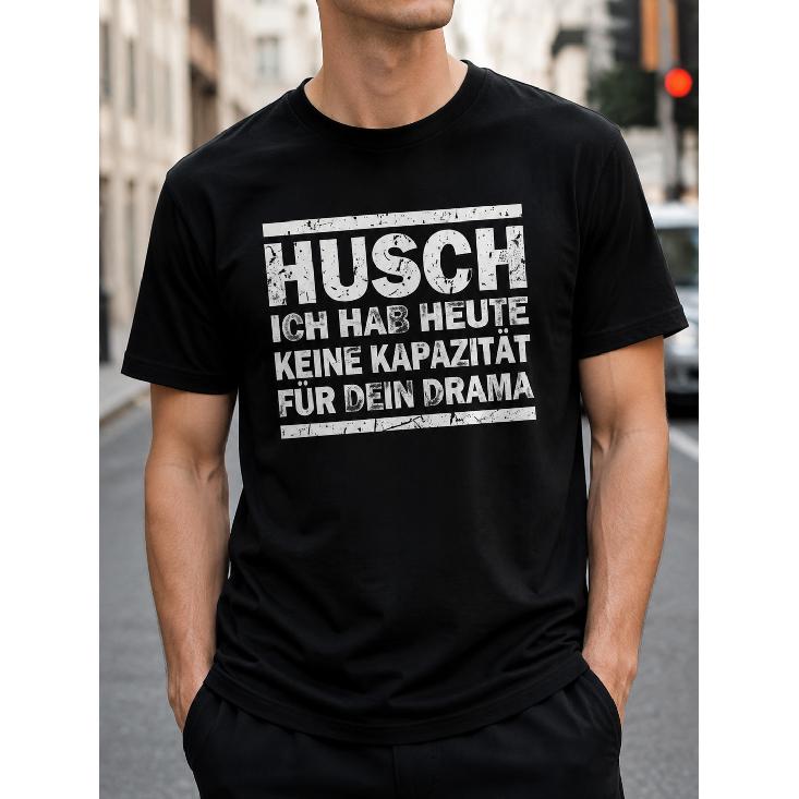 Men's Black Short Sleeve Graphic Tee With Distressed German Typography, Crew Neck, Relaxed Fit, Soft Cotton Blend For Casual Streetwear