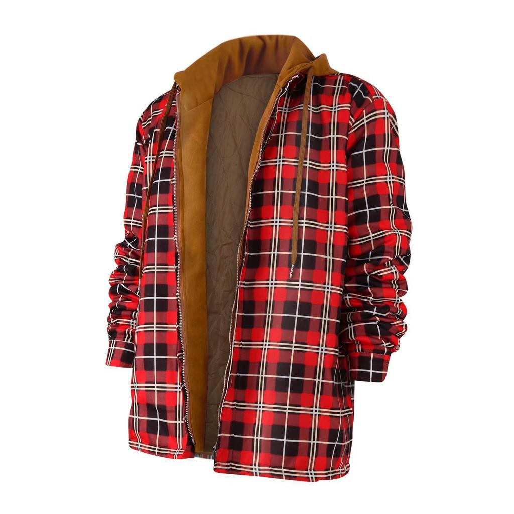 Men's Quilted Lined Button Down Plaid Shirt Add Velvet To Keep Warm Jacket With Hood