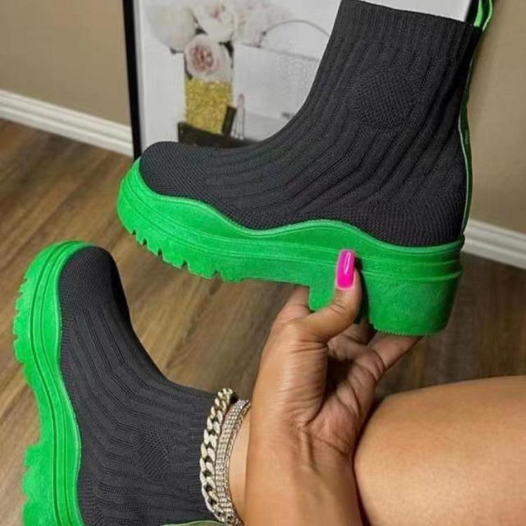 Новые осенние вязаные полусапоги на большой толстой подошве, женские ботинки с круглым носком, на среднем каблуке, с короткими рукавами и короткими рукавами