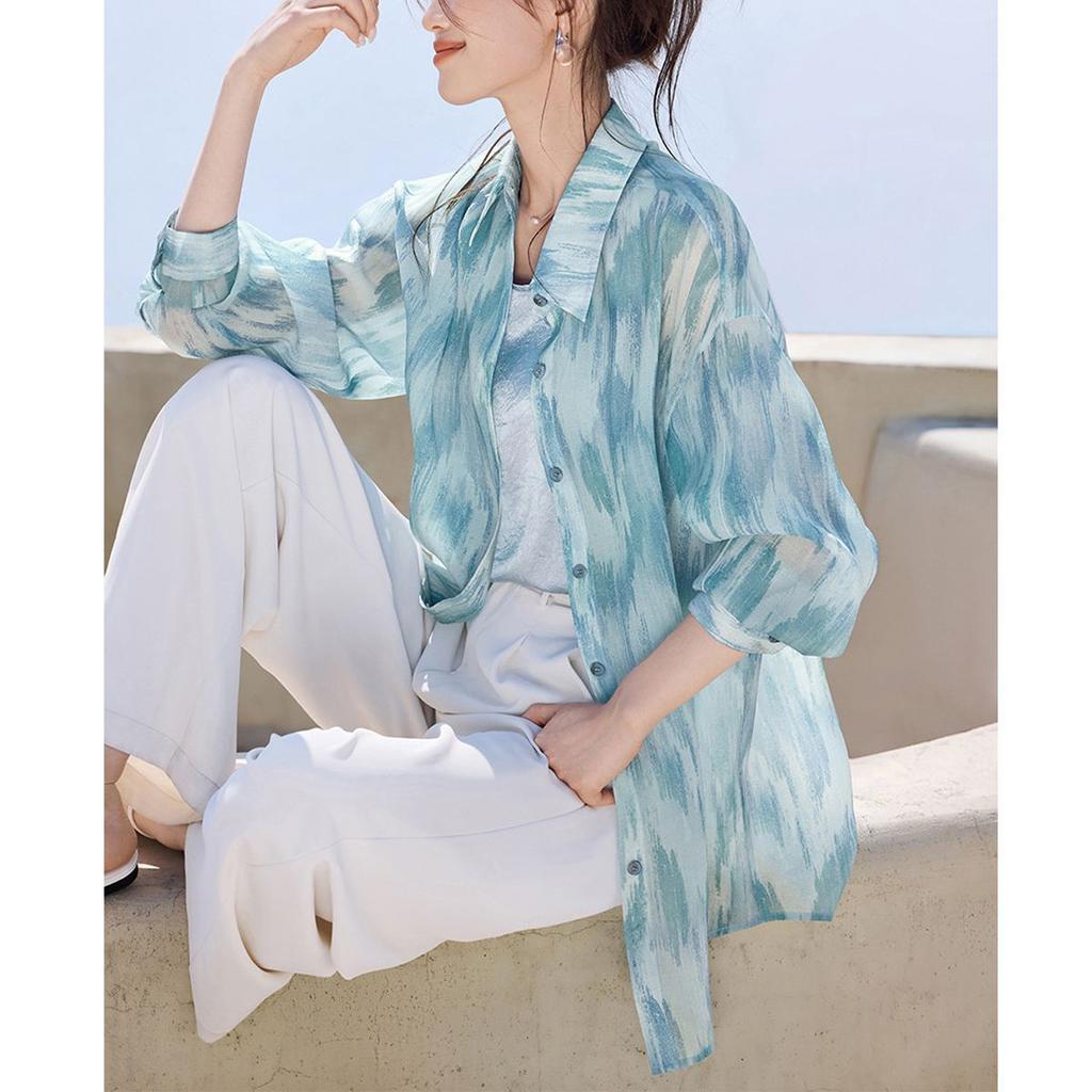 Summer New Style Printed Long Sleeve Shirt Loose Casual Sun Protection Top Women's Lightweight Fashionable Tunic