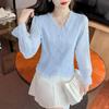 Shirt Women's Long-sleeved Spring Clothes New French Jacquard V-neck Foreign Style Design Sense Chiffon Flared Sleeve Top