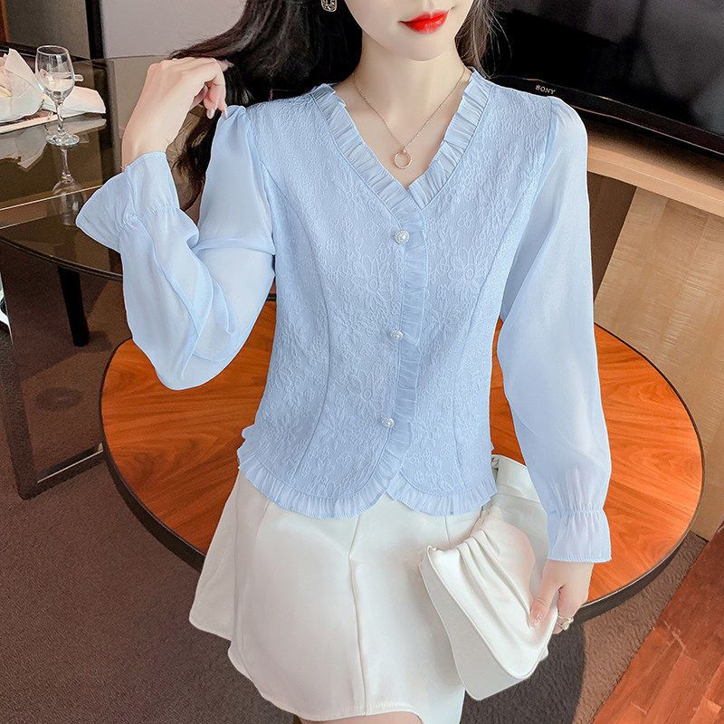 Shirt Women's Long-sleeved Spring Clothes New French Jacquard V-neck Foreign Style Design Sense Chiffon Flared Sleeve Top