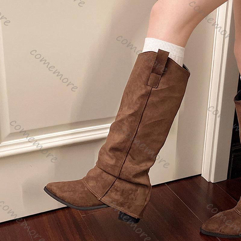 Fashion Comemore Autumn Winter Vintage Woman Knee High Boots Shoes Ladies Elegant Slip On Suede Solid Thick Heeled Long Bota Feminina
