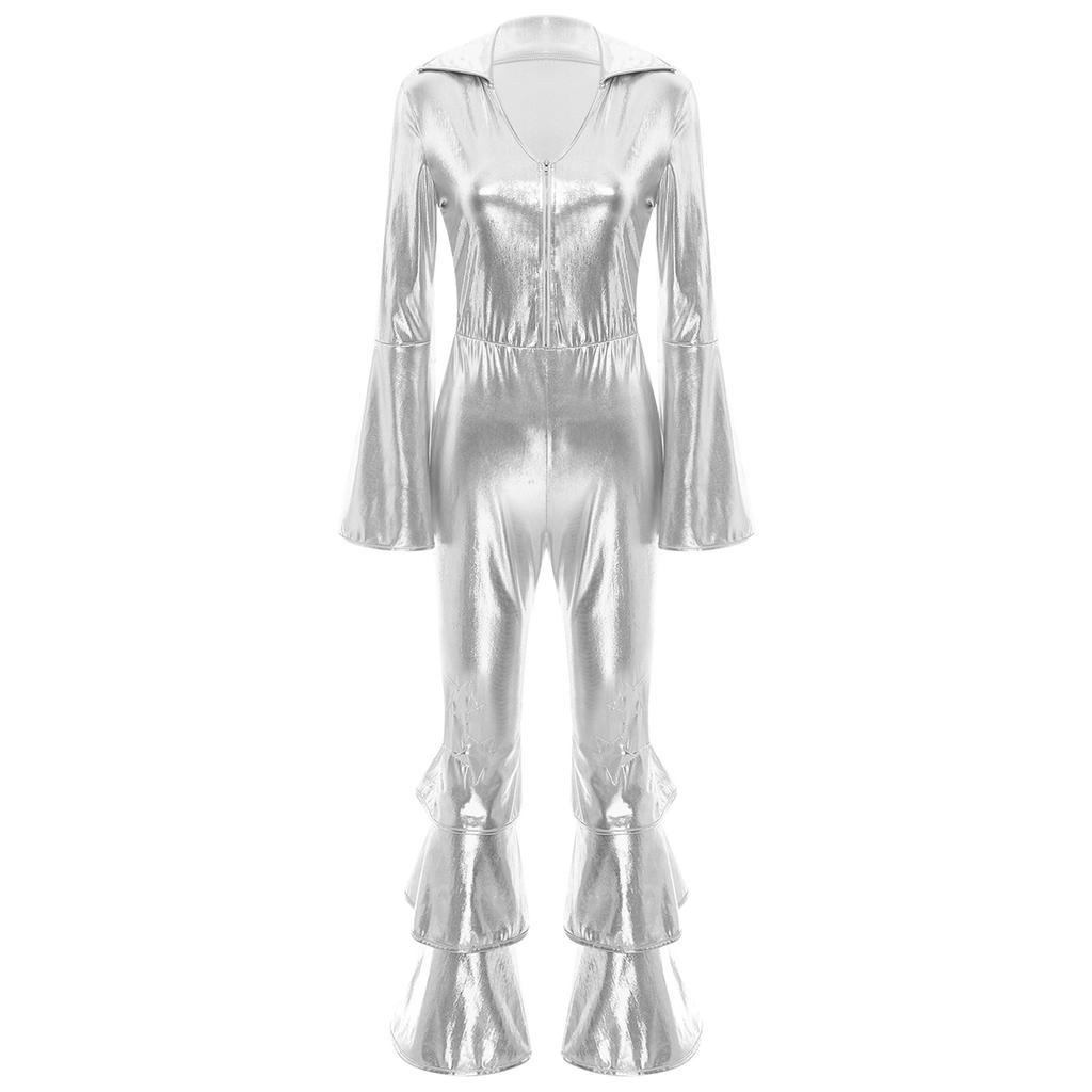 Womens 70s Retro Disco Long Sleeve Flared Jumpsuit Sparkle Costume