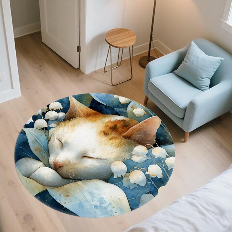 Sleeping Cat,Round Area Rug,Carpet Rug for Living Room Bedroom Sofa Playroom Decor,Non-slip Floor Mat