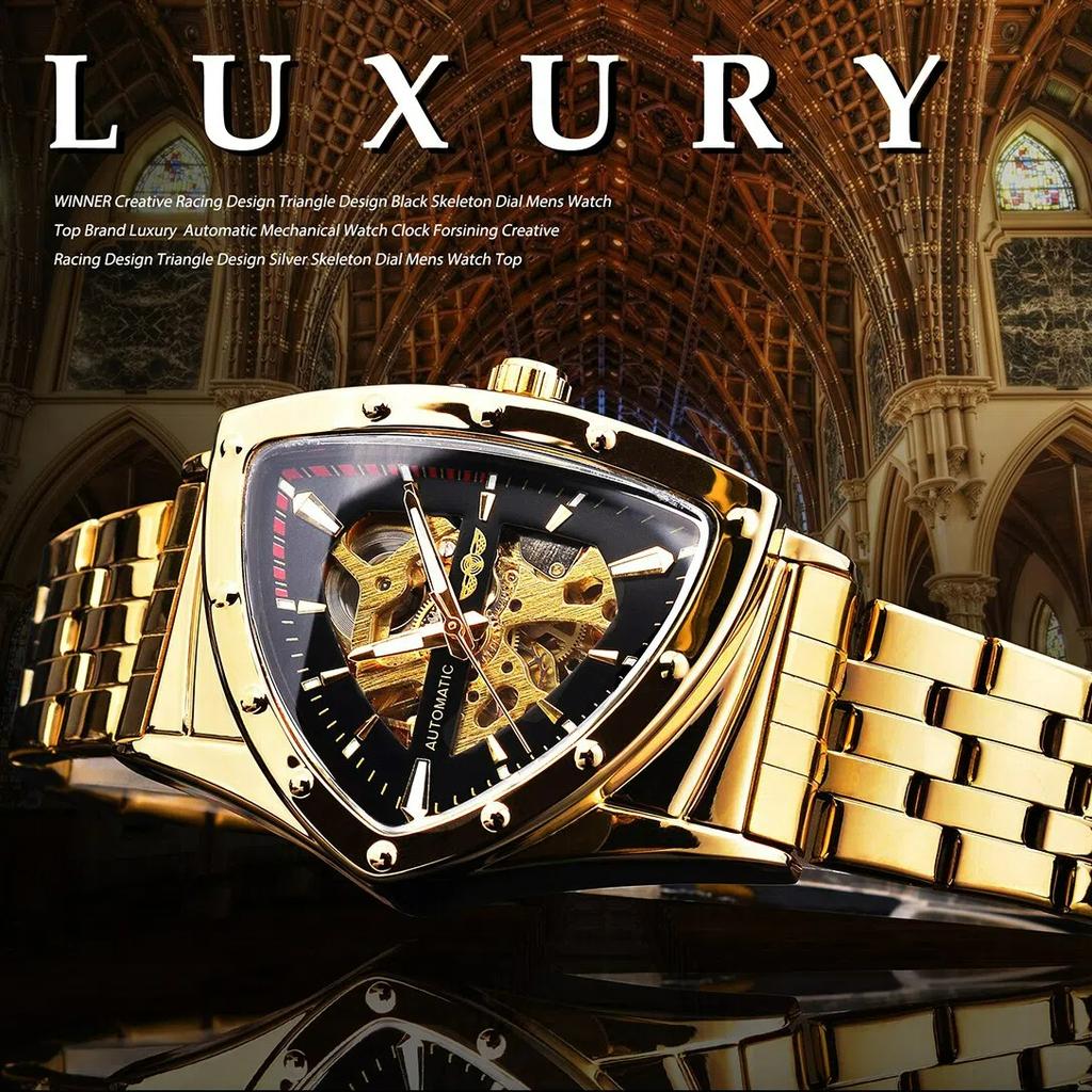 Автоматические механические часы с треугольным корпусом и скелетонированным дизайном, ремень из нержавеющей стали, модные мужские светящиеся наручные часы
