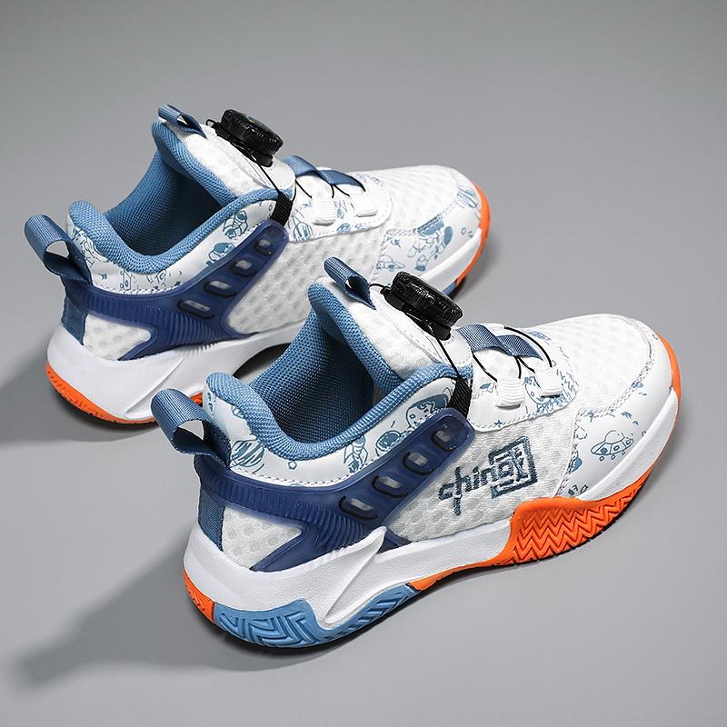 Новые детские баскетбольные кроссовки с вращающимися кнопками для мальчиков, молодежные нескользящие амортизированные спортивные туфли, повседневная обувь для мальчиков