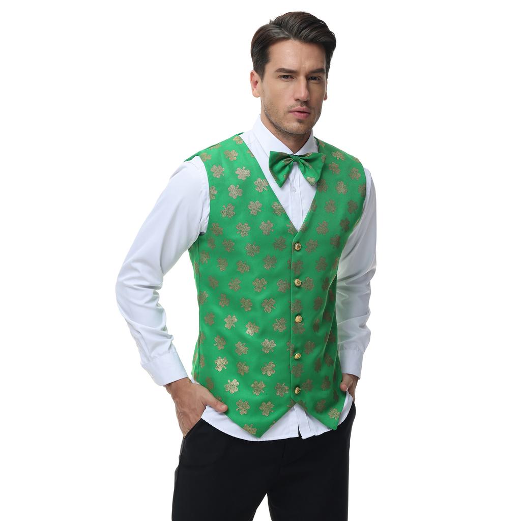 Oktoberfest Men's Waiter Vest Clothing Cos Suit, Green Printed Wine Party Men's Vest