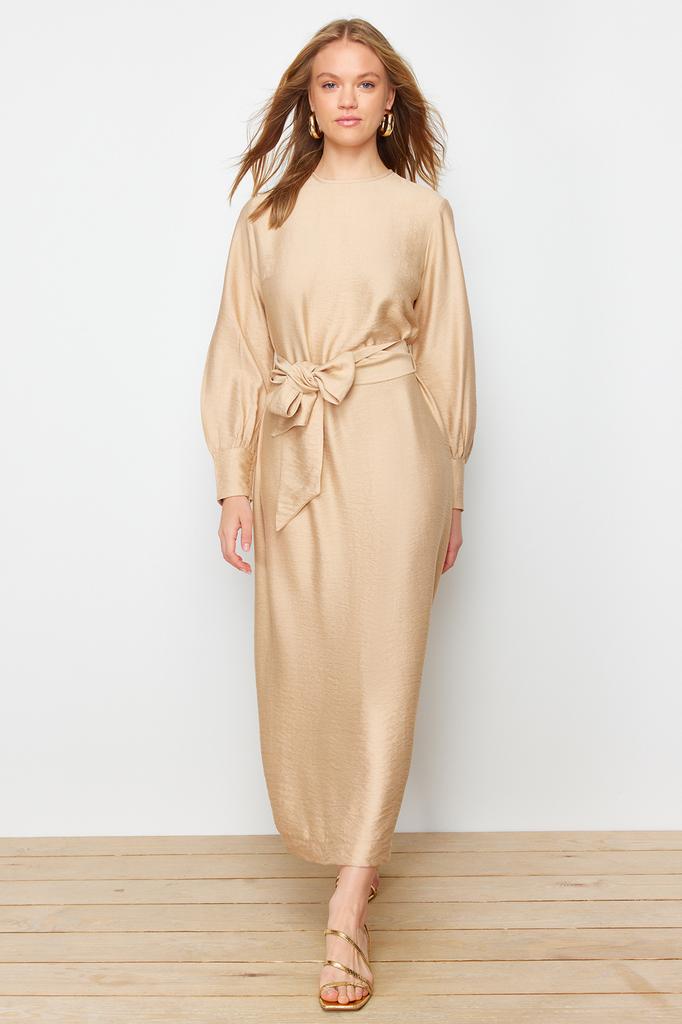 Женское модное новое платье-хиджаб светло-коричневого цвета с широким поясом на молнии и манжетами из тканого льняного платья