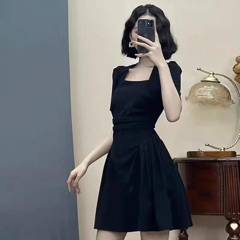 Летнее черное сладкое и пикантное платье большого размера грушевидной формы с квадратным воротником для женщин