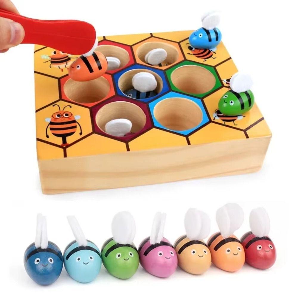 Wooden Early Education Beehive Game Color Sorting Clamp Bee To Hive Toy  Color Cognition