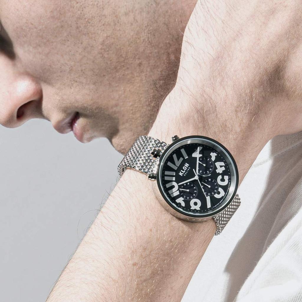 Часы на солнечных батареях, подарок на совершеннолетие, женские и мужские часы Helios на солнечных батареях, хронограф, сетчатый ремень, черный KLON HELIOS SILVER MESH -HIDE TIME- 43 мм