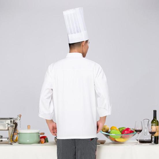 Унисекс униформа шеф-повара с нагрудным карманом и воротником-стойкой, двубортная рубашка с длинными рукавами и воротником-стойкой, однотонная кухонная рубашка