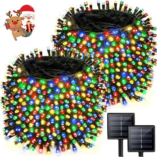 Multicolor Super-Long 2-Pack Each 85FT Solar String Lights Outdoor, Waterproof Green Wire 8 Lighting Modes 480 LED Solar Christmas Lights for Garden