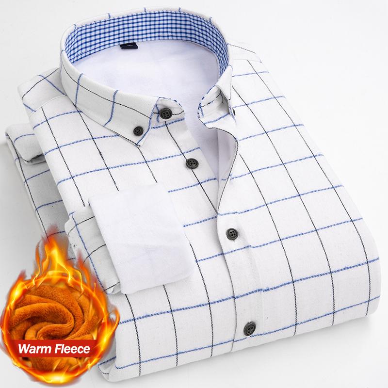 Теплая рубашка Зимняя мужская флисовая классическая клетчатая рубашка с длинным рукавом Комфортная приталенная повседневная деловая плюшевая бархатная утолщенная рубашка-платье