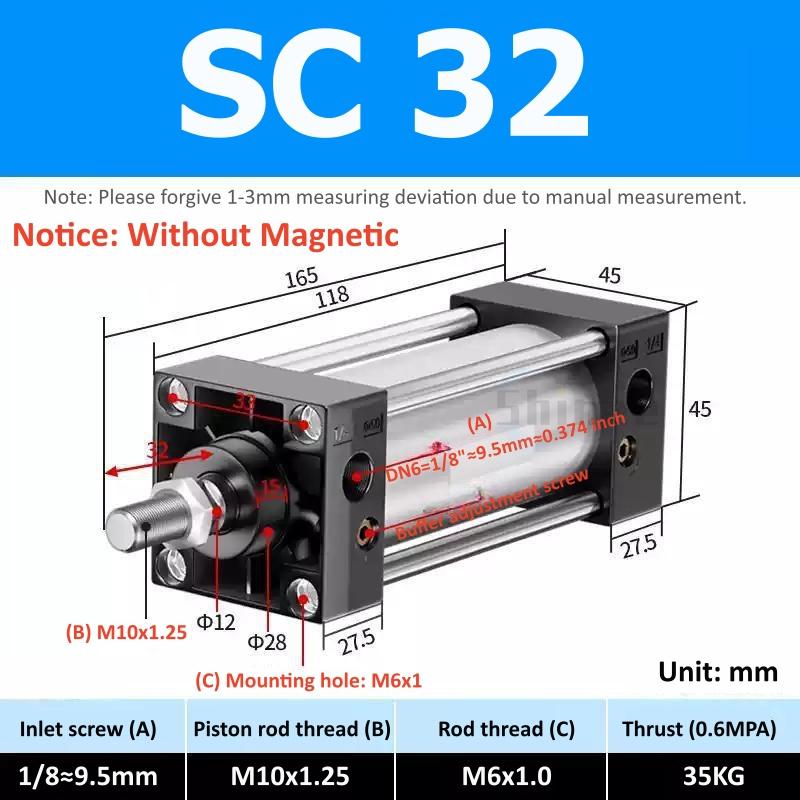 SC Standard Air Cylinder SC32/40/50/63mm Bore Small With Magnetic Pneumatic Cylinder Piston 25/50/75/100/150/200/250mm Stroke