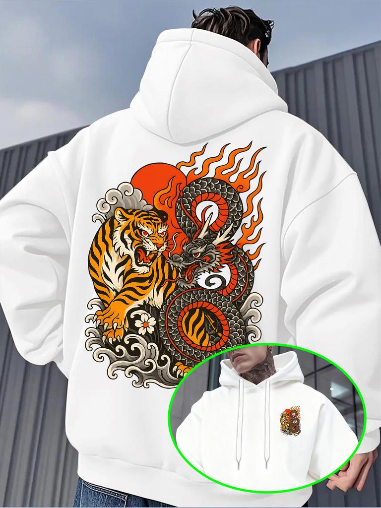 Men's Autumn/Winter Hooded Sweatshirt with Japanese-style Tiger and Dragon Print, Versatile Casual Loose Fit, Youth Sports Shirt