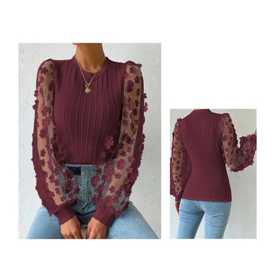 Women Spring Summer Pullover Tops O-neck Flower Decor Mesh Sleeve Chiffon Tops Solid Color Slim Fit Breathable Blouse