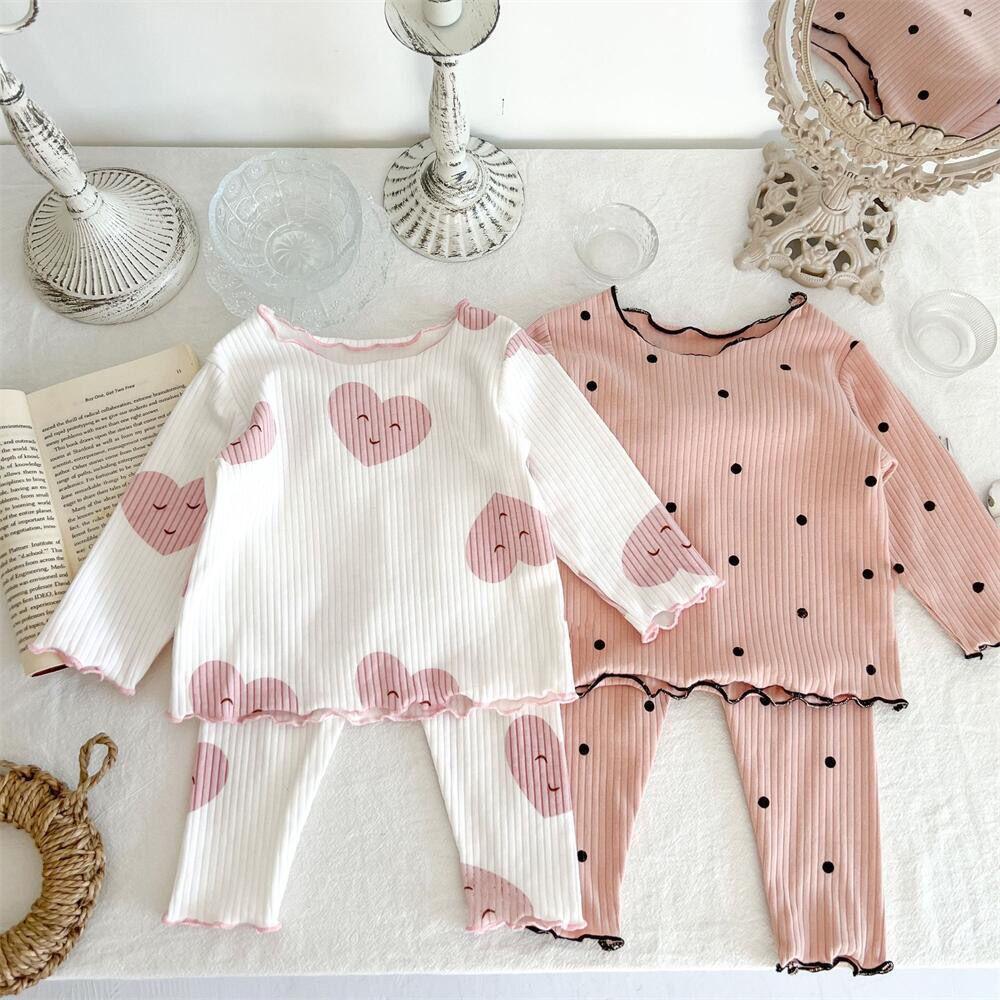 Polka Dot Korean Style Pajamas - Spring & Autumn Girls' Two-Piece Home Suit for Kids