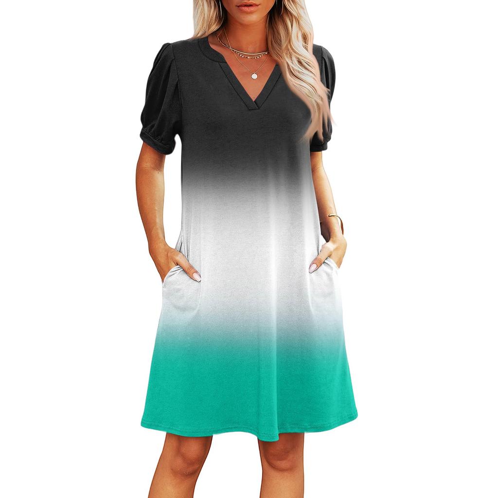 Women's Summer V-Neck Casual Beach Dresses Pod Short Sleeve Gradient Printed Dresses
