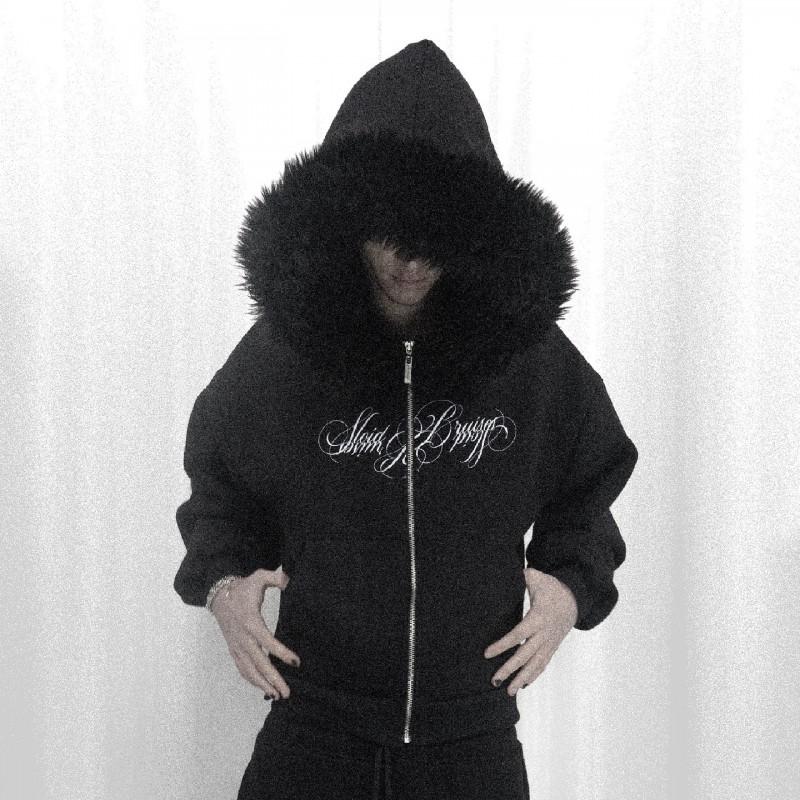 Unisex Oversized Hooded Zip-Up Sweatshirt Pants Set Streetwear Print Cotton Blend Winter Outfit