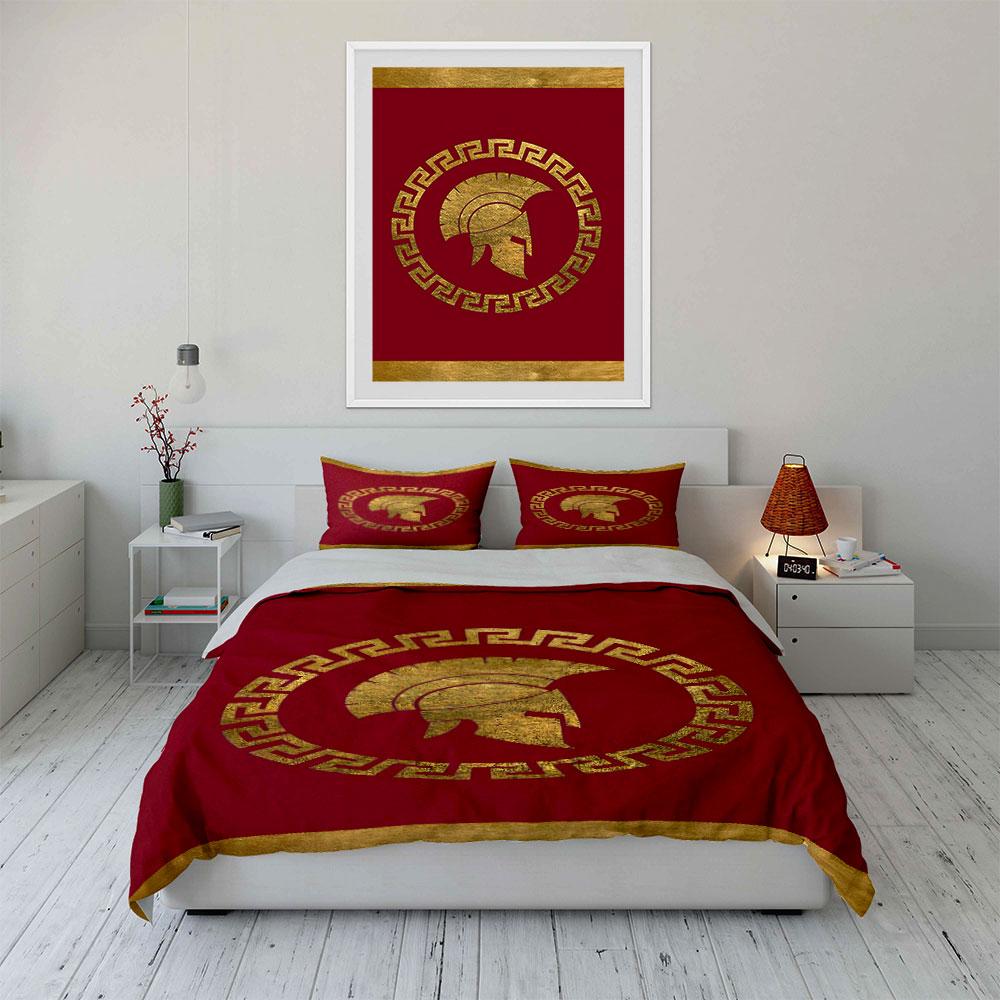 Golden Spartan Helmet on Red Background Print Bedding Set Duvet Cover Pillowcases (1* Duvet Cover 2* Pillowcases Do Not Include Comforter)
