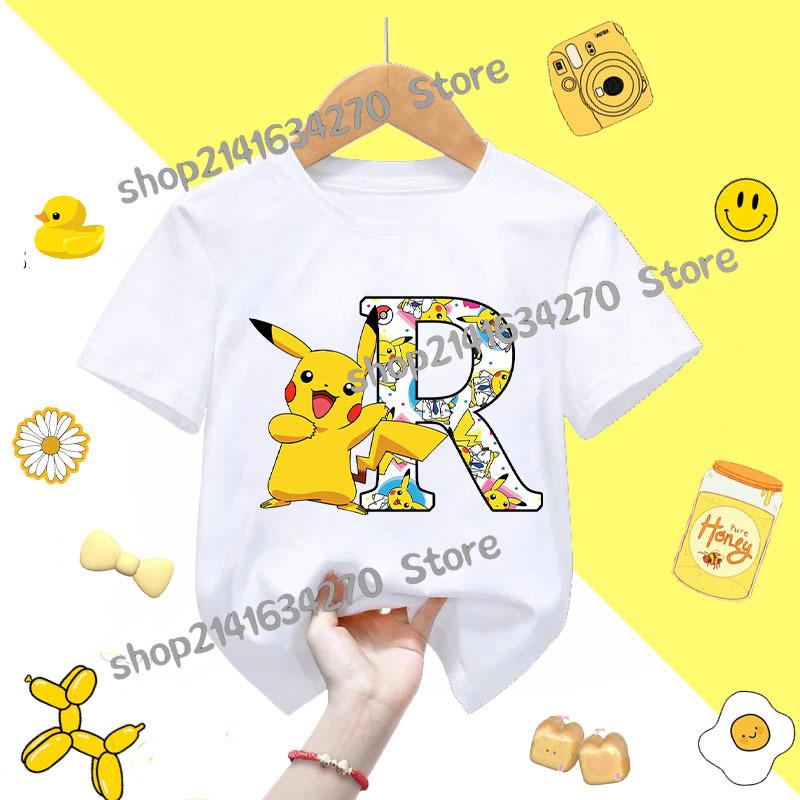 Short Sleeve Summer Tshirt Tops Cotton Tee for Pokemon Pikachu Anime AZ letters Printed Cute Clothing Children Casual Clothes