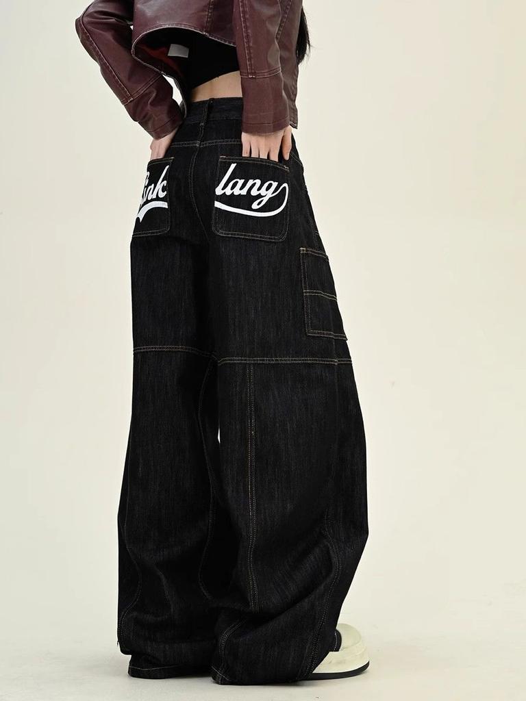 KOSY Y2K Ретро Вареные Джинсы Мешковатые с Принтом Букв Женские Американская Уличная Одежда Готика Харадзюку Брюки с Широкими Штанинами Парные Повседневные Джинсовые Брюки