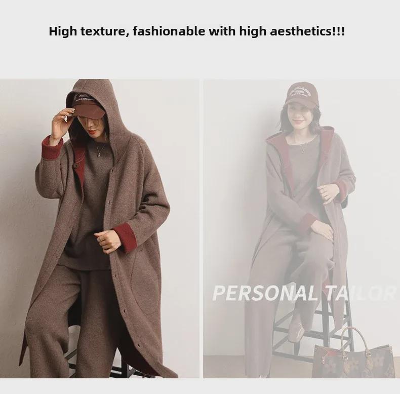 Женское кашемировое пальто с капюшоном — толстое, теплое, средней длины, выше колена, кардиган для осени и зимы